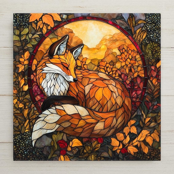 Rustic Autumn Fox Ceramic Tile - Stained Glass Woodland Wall Art - Cozy Nature Decor Gift