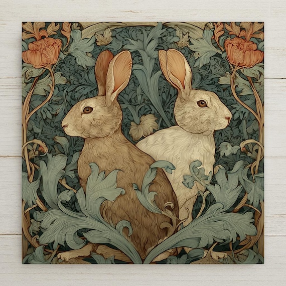 Rabbit Wall Art Ceramic Tile William Morris Style Art Nouveau Botanical Woodland Hare Lover Spring Nature Accent Tile