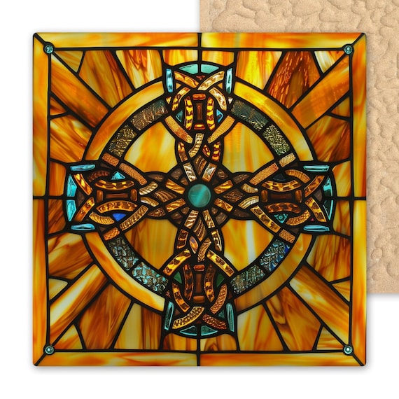 Celtic Cross Ceramic Tile: Stained Glass-Inspired Irish Heritage Wall Art, Religious Trivet & Coaster