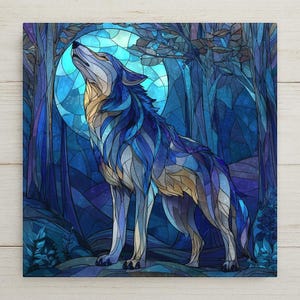 Howling Wolf Ceramic Tile Wall Art - Stained Glass Style Forest Moon Scene, Rustic Cabin Wildlife Nature Decor Gift