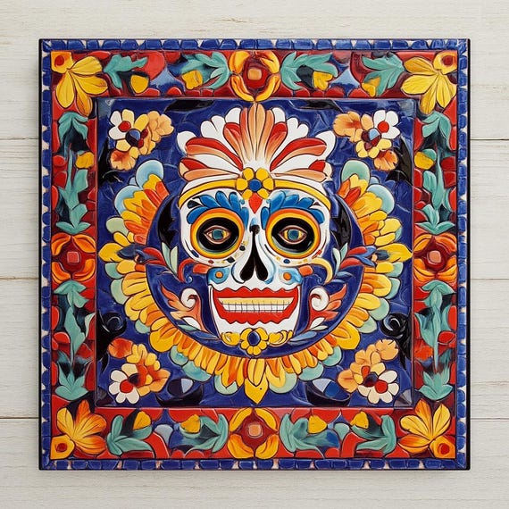 Vibrant Mexican Talavera Ceramic Skull Tile - Day of the Dead Wall Art for Southwest Home Decor Housewarming Gift For
