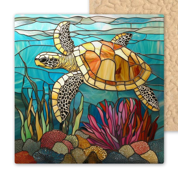 Handmade Sea Turtle Ceramic Tile - Stained Glass Ocean Reef Wall Art - Coastal Beach House Decor