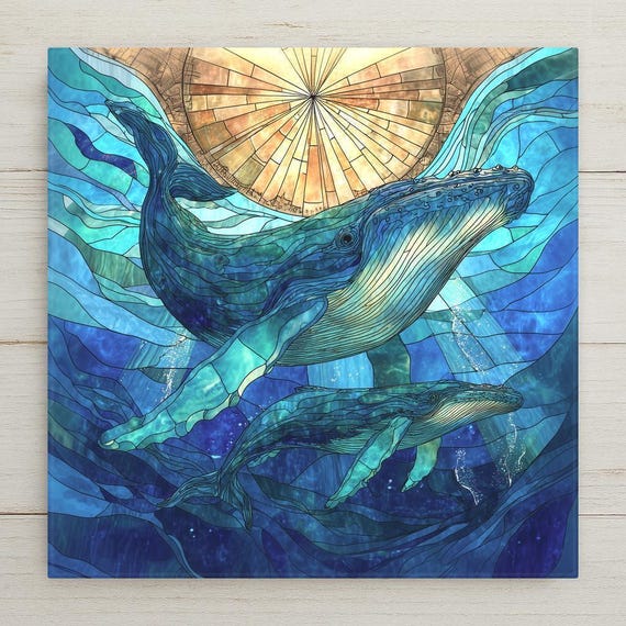 Whale Ceramic Tile Wall Art – Stained Glass Style Ocean Decor, Blue Mosaic Whale Artwork, Coastal Home Decor Gift Underwater Nature Tile Art