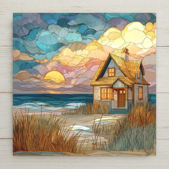 Coastal Cottage Stained Glass Art Tile Beach House Wall Decor Ocean Sunset Nautical Seaside Accent