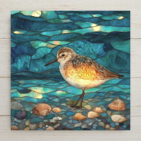 Sandpiper Ceramic Tile Wall Art – Coastal Stained Glass Style Beach Decor, Ocean Shore Bird Art for Nautical Home Décor Wall Art & Home Deco