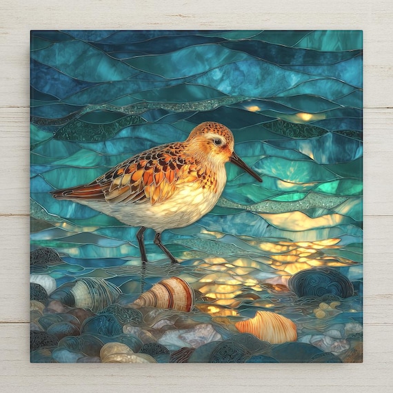Sandpiper Ceramic Tile Wall Art – Coastal Stained Glass Style, Beach Home Decor, Ocean Wall Decor for Nautical House Accents
