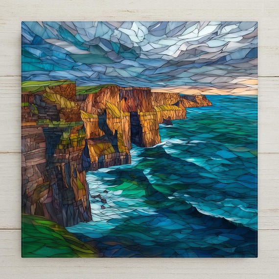 Cliffs of Moher Wall Art Ceramic Tile – Ireland Coastal Landscape Decor, Stained Glass Ocean Home Decor