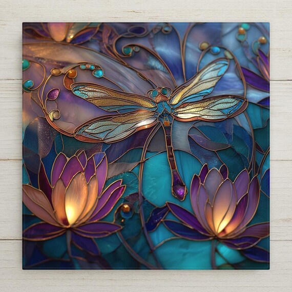 Dragonfly Wall Art – Stained Glass Style Lotus Flowers Botanical  Garden Home Decor