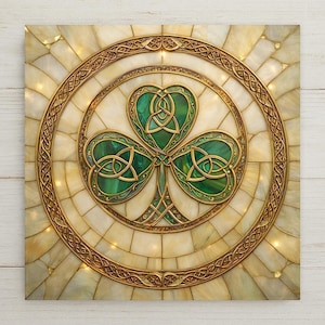 A heritage-inspired stained glass–style wall art ceramic tile featuring a Celtic shamrock framed by intricate knotwork in emerald green, ivory, and gold tones. This Irish symbol home decor piece represents unity, renewal, and tradition. The artwork is a permanent print on ceramic tile, not real stained glass. Optional tile wall hanger, easel tile stand, cork backing, and premium frame options are available.