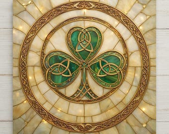 May include: A square stained glass panel featuring a central green shamrock design with intricate gold-toned Celtic knotwork borders. The background consists of cream-colored glass segments arranged in a radial pattern, framed by a circular gold border.
