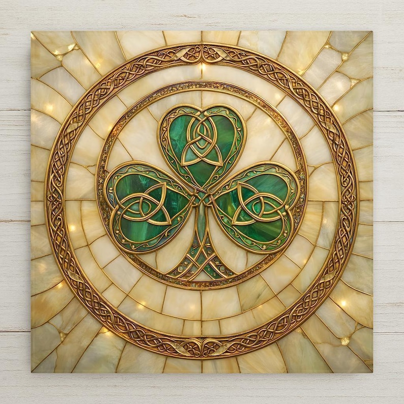 A heritage-inspired stained glass–style wall art ceramic tile featuring a Celtic shamrock framed by intricate knotwork in emerald green, ivory, and gold tones. This Irish symbol home decor piece represents unity, renewal, and tradition. The artwork is a permanent print on ceramic tile, not real stained glass. Optional tile wall hanger, easel tile stand, cork backing, and premium frame options are available.