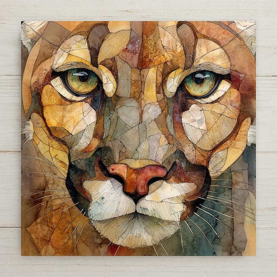 Mountain Lion Ceramic Tile Wall Art - Cougar Wildlife Portrait, Stained Glass Style Nature Decor for Rustic Cabin