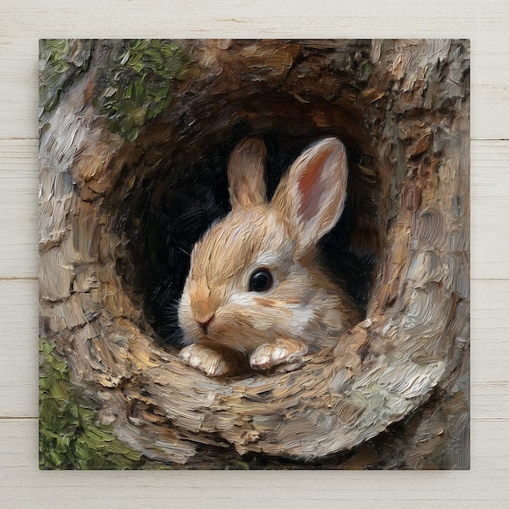 Baby Bunny Ceramic Tile Wall Art – Woodland Animal Decor, Rustic Home Decor, Forest Nursery Wall Art, Cute Rabbit Wildlife Tile Print