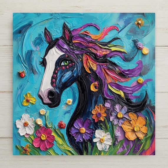 Whimsical Ceramic Horse Tile Wall Art - Colorful Floral Fantasy Equine Painting Style Vibrant Home Decor Gift