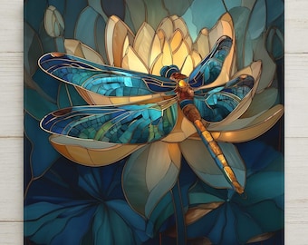May include: A square wall art piece featuring a stained glass style illustration of a vibrant blue dragonfly resting on a large, pale yellow lotus flower. The background consists of deep blue and teal lily pads with dark, defined outlines.