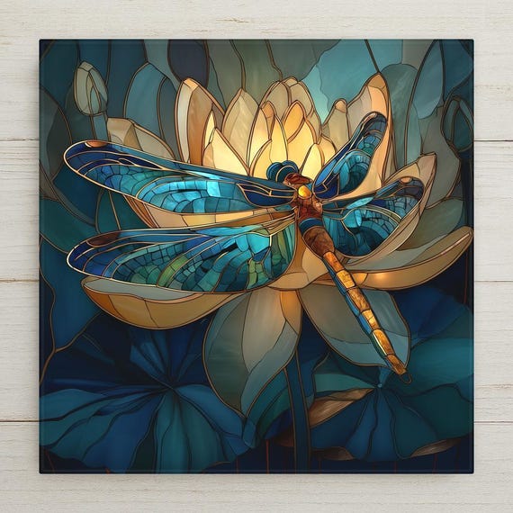 Dragonfly Wall Art Ceramic Tile – Stained Glass Lotus Decor – Teal Botanical Wall Decor – Nature Home Decor Gift