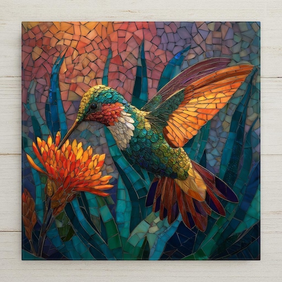 Sunset Hummingbird Ceramic Tile Art | Stained Glass Style Nature Wall Decor | Colorful Home Accent Gift