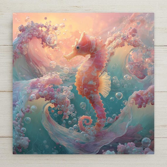 Coastal Ceramic Seahorse Tile: Stained Glass Ocean Art for Beach Cottage Bathroom Decor