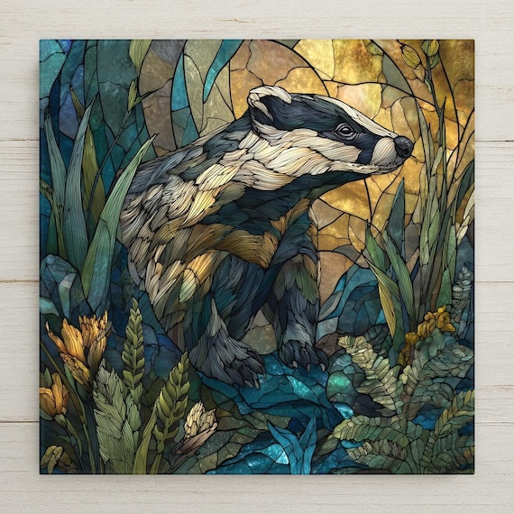 Badger Wall Art Ceramic Tile – Stained Glass Style Rustic Woodland Home Decor