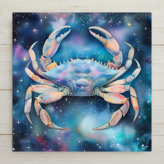 Cancer Zodiac Crab Ceramic Tile Art - Celestial Watercolor Wall Decor - Astrology Horoscope Gift