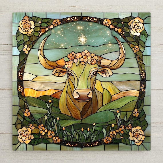 Taurus Zodiac Ceramic Tile: Stained Glass Style Bull Wall Art