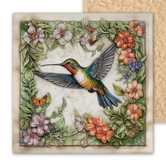 Vibrant Hummingbird Ceramic Tile - Floral Wreath Wall Art - Rustic Farmhouse Botanical Decor