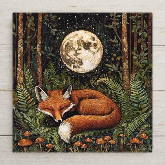 Ceramic Moon Fox Tile: Woodland Folk Art Wall Decor