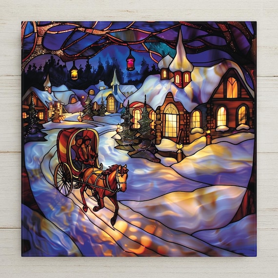 Festive Winter Village Ceramic Tile Home Decor: Stained Glass Art with Horse Sleigh Ride, Snowy Cottage Scene for Christmas Wall Art