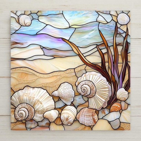 Seashell Ceramic Tile: Stained Glass-Style Coastal Wall Art