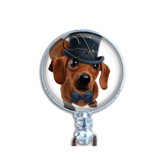 Badge Reel ID Retractable Name Card Holder Steampunk Dachshund Puppy Dog With Hat And Bow Tie Looking Up