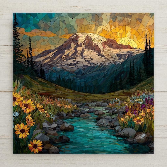 Mount Rainier Ceramic Tile Art - Stained Glass Style Mountain Wall Decor, Pacific Northwest Nature Gift