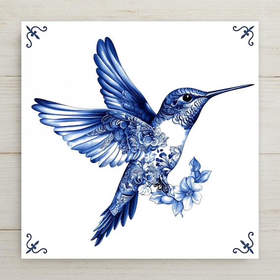 Blue Delft Tile: Floral Hummingbird Ceramic Wall Decor - Dutch Art