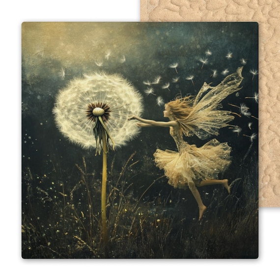 Enchanting Fairycore Ceramic Tile Art: Whimsical Dandelion Dance Wall Decor for Fantasy Lovers