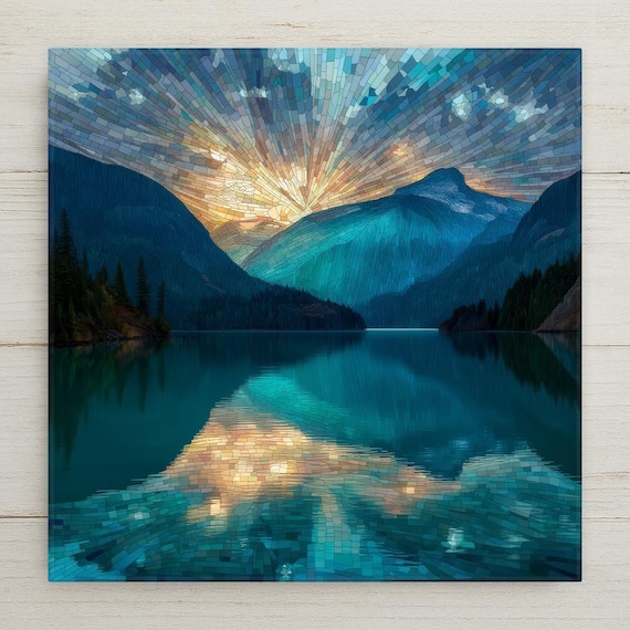 Diablo Lake Ceramic Tile Wall Art – North Cascades National Park Washington, Stained Glass Style Mountain Lake Home Decor
