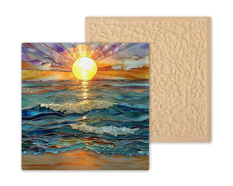 Ocean Sunset Ceramic Tile Wall Art – Stained Glass Style Coastal Seascape, Beach Wall Decor, Ocean Waves Home Decor Gift image 9