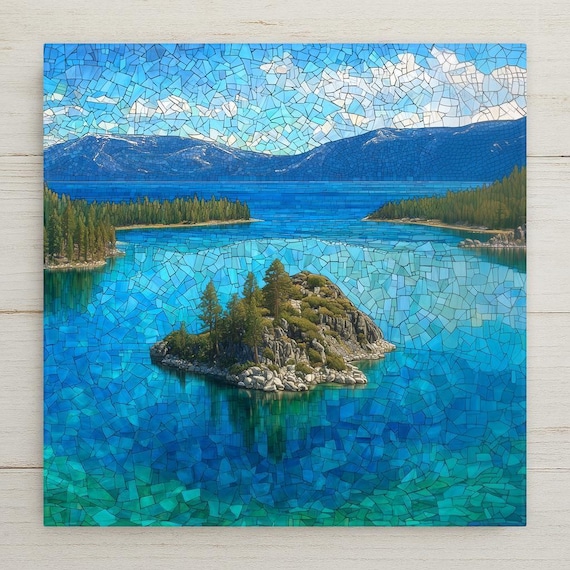 Emerald Bay Lake Tahoe California Ceramic Tile Wall Art - Stained Glass Style Mountain Home Decor