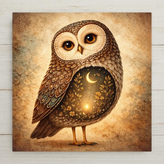 Owl Moonlight Ceramic Tile Wall Art - Whimsical Night Forest Home Decor Stained Glass Style Gift