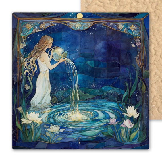 Art Nouveau Aquarius Zodiac Ceramic Tile - Astrology Wall Decor, Water Bearer Celestial Gift