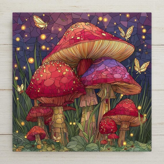 Stained Glass Mushroom Ceramic Tile Wall Art - Whimsical Woodland Fairycore Home Decor Nature Gift