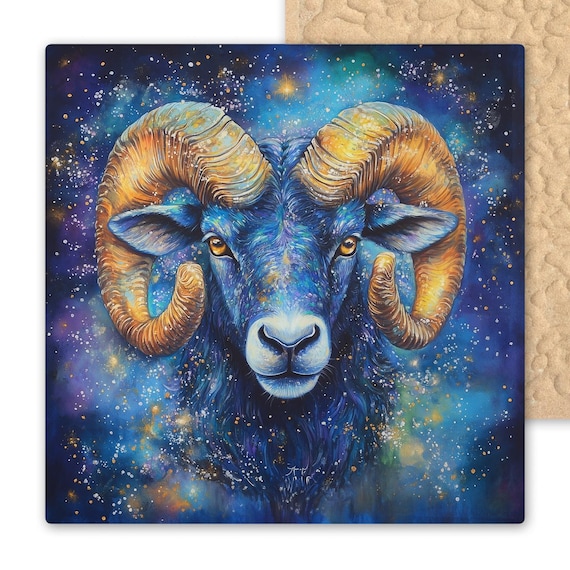 Bold Aries Zodiac Ram Ceramic Tile Art: Watercolor Astrology Wall Decor for Fire Sign Enthusiasts