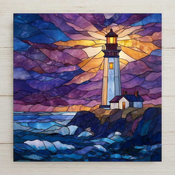 Lighthouse Ceramic Tile Wall Art – Stained Glass Beacon of Light, Beach House Wall Decor, Meaningful Home Decor Gift