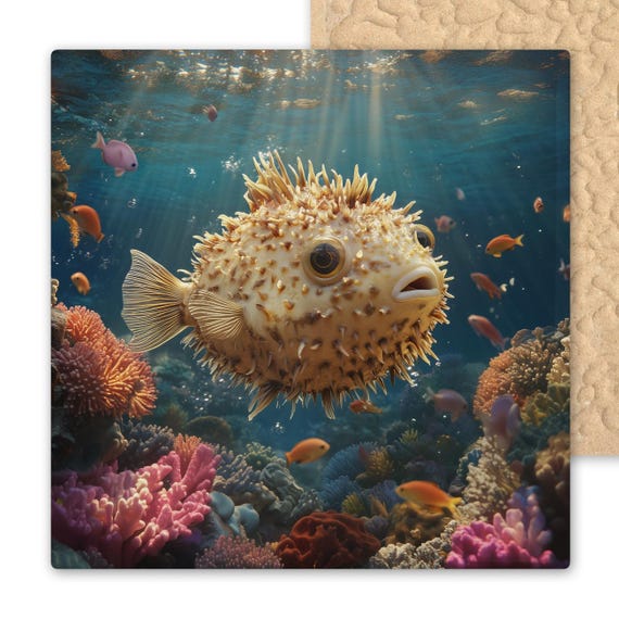 Adorable Pufferfish Ceramic Tile: Coastal Bathroom Wall Art for Beach House & Ocean-Themed Room Decor