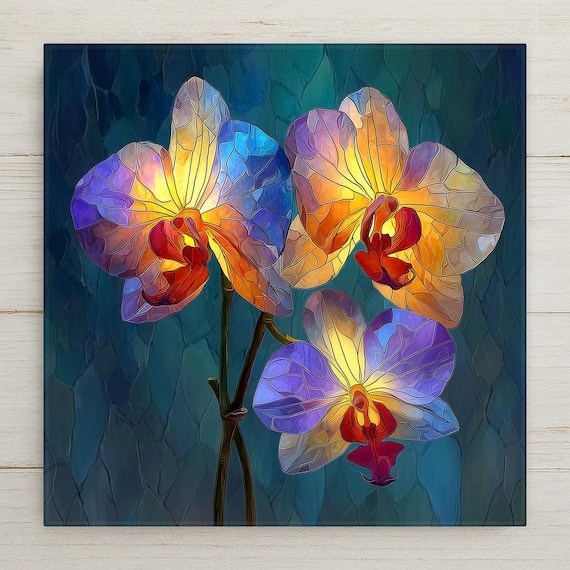 Orchid Wall Art Ceramic Tile Stained Glass Style Floral Gift Botanical Decor Orchid Lover Nature Art Gift