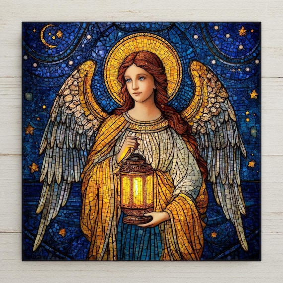 Angel Lantern Ceramic Tile Wall Art – Stained Glass Style, Spiritual Home Decor & Inspirational Gift, Illuminated Guardian Design Wall Decor