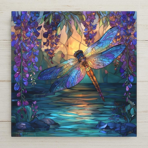 Dragonfly Ceramic Tile Wall Art – Stained Glass Style Nature Decor Floral Garden Home Decor Enchanted Pond Artwork Gift for Dragonfly Lovers