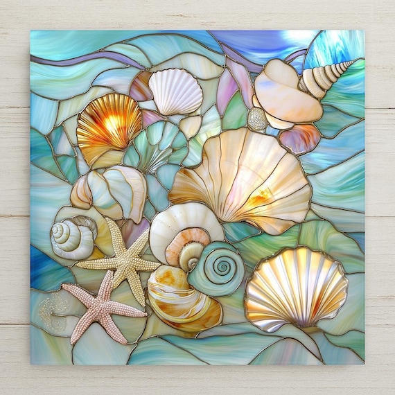 Coastal Ceramic Tile Art: Seashell & Starfish Stained Glass Ocean Wall Decor Beach House Wall Art