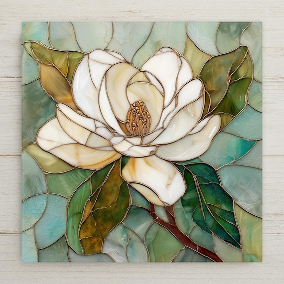 White Magnolia Ceramic Tile Wall Art - Stained Glass Style Floral Botanical Home Decor Nature Gift