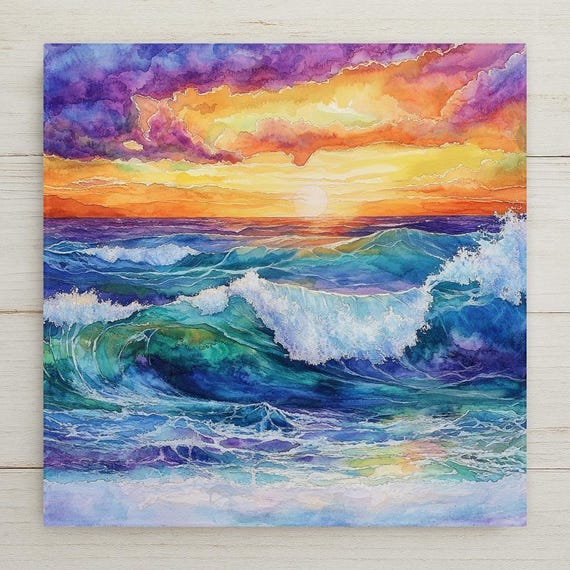 Watercolor Ocean Sunset Ceramic Tile: Coastal Decor, Nautical Trivet