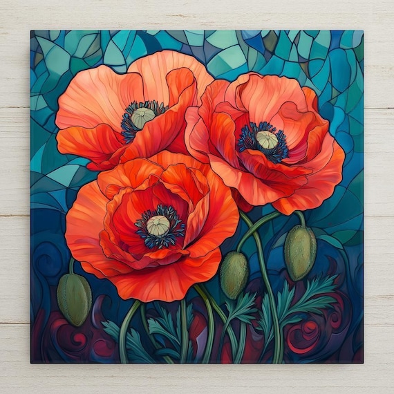Handmade Red Poppy Ceramic Tile Art - Stained Glass Floral Wall Decor for Cottagecore Home