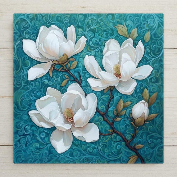 Handmade Magnolia Blossoms Ceramic Tile: Cottagecore Floral Wall Decor